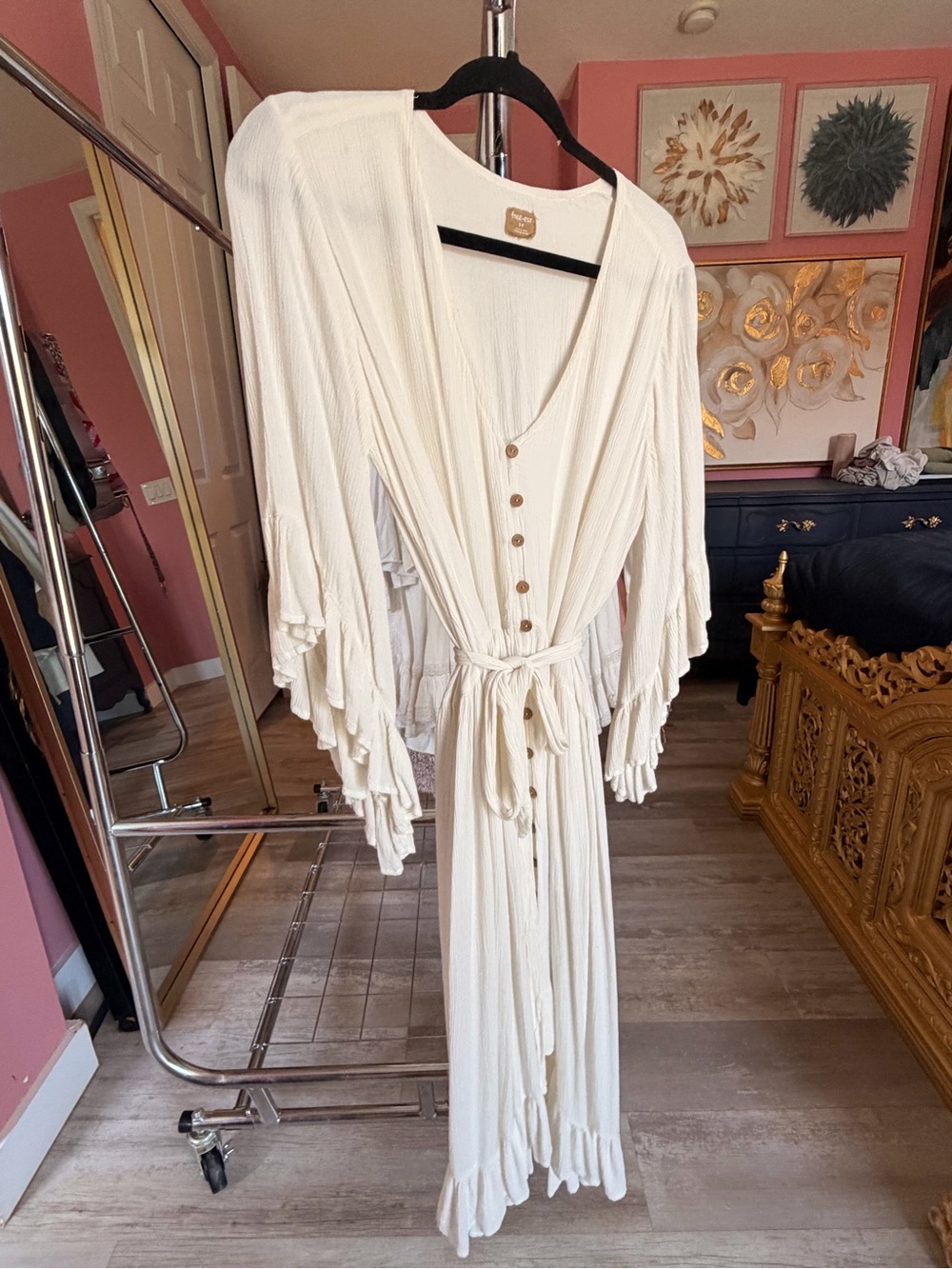 Free People Cream Button-Front Ruffled Maxi Dress with Tie Waist
